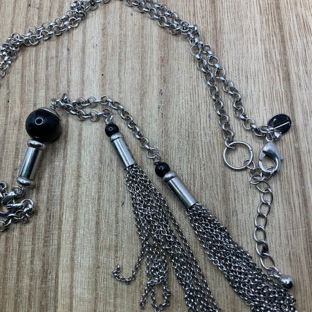 Talbots Black and Silver Tone Tassel Chain Necklace